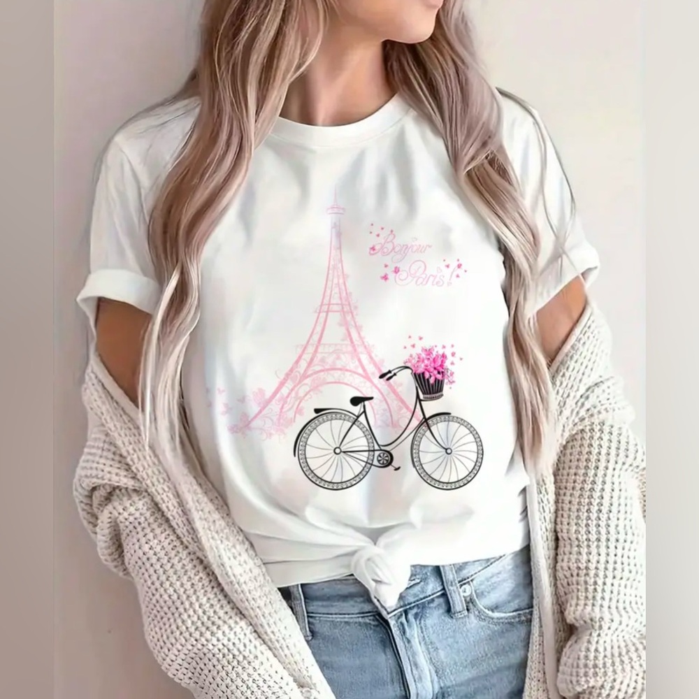Unbranded - New In Bag - Medium - White Paris Bicycle Graphic Tee - Picture 1 of 6